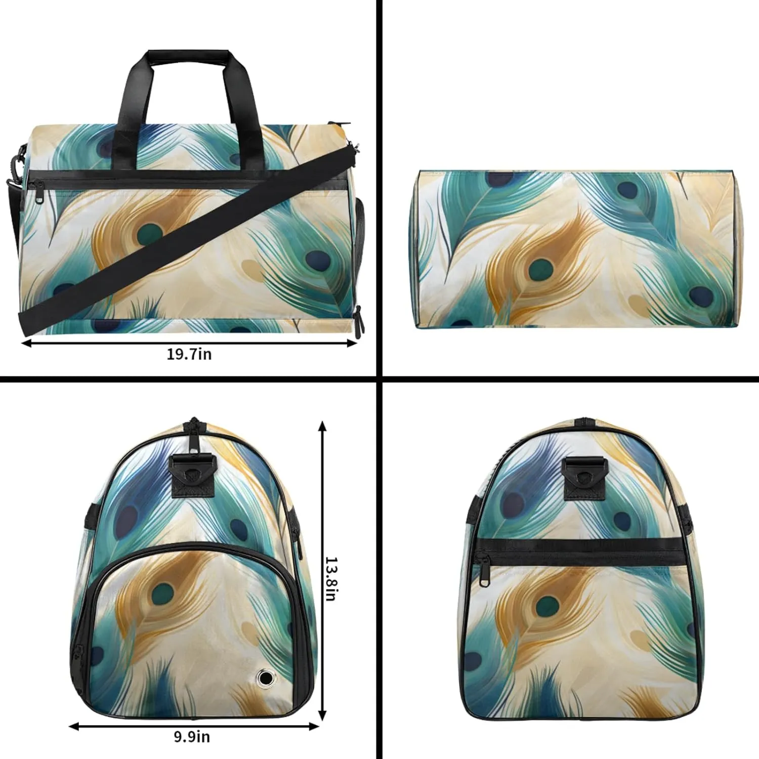 Peacock Gym Bags for Men Women, 43L Medium Sports Feather Pattern Travel Duffel Bag for Men with Shoe Compartment,Carry on Bags for Airplanes Women