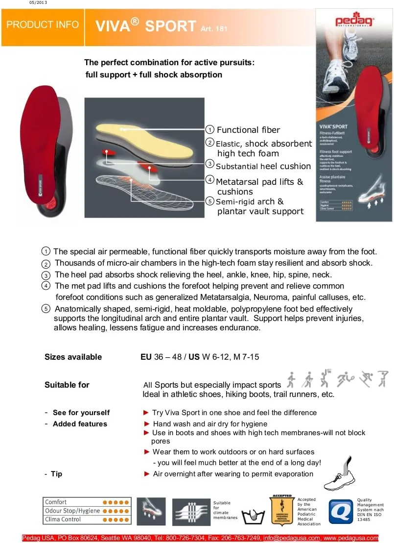 Pedag Viva Sport | Orthotic Inserts | Arch Support | Metatarsal Pad | Ideal for Low & High Impact Activities | Soft & Vegan Friendly | Handmade in Germany | 1 Pair | Women US 12/ Men 9/ EU 42