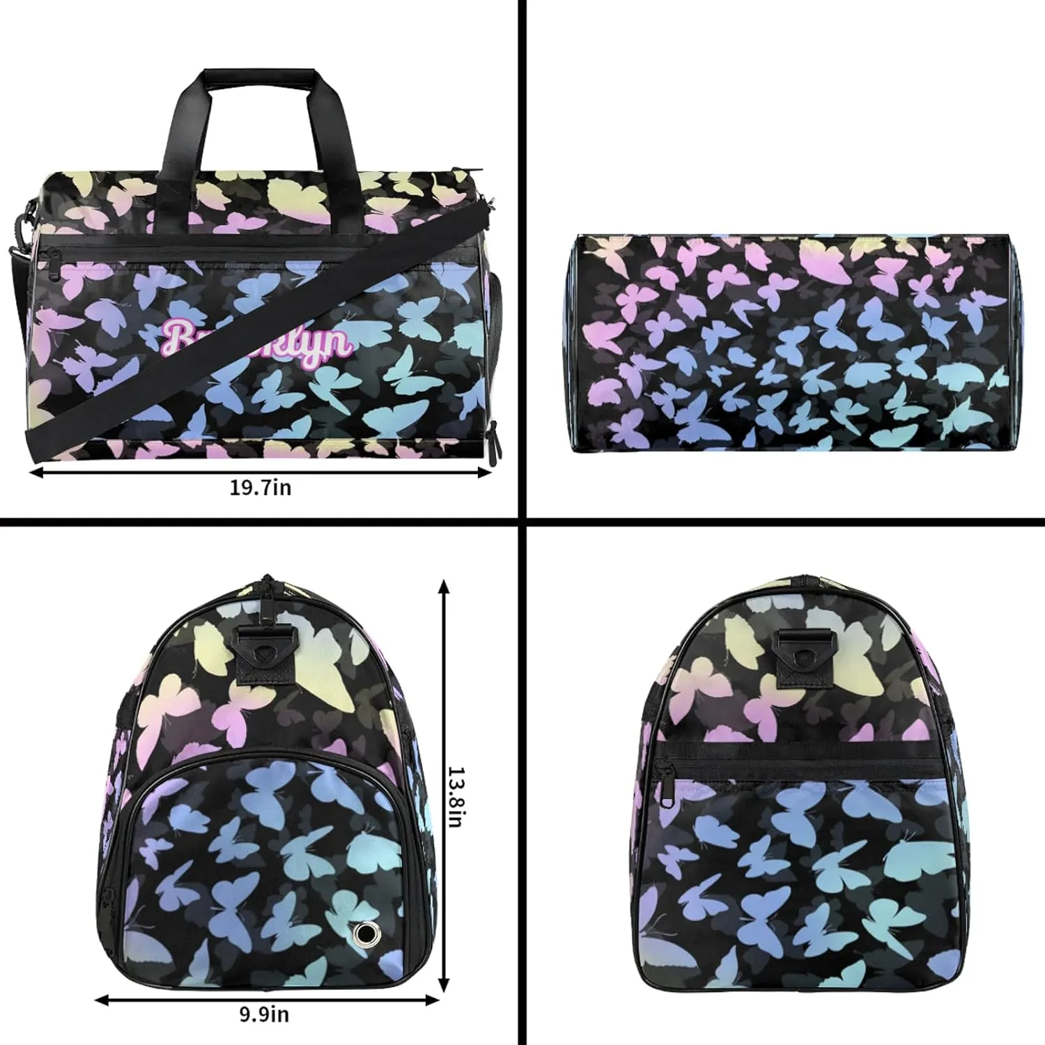 Personalized Butterfly Duffel Bag with Shoes Compartment Custom Name Travel Sports Bag for Women Men Waterproof Dance Ballet Bag Lightweight, Colorful Blue
