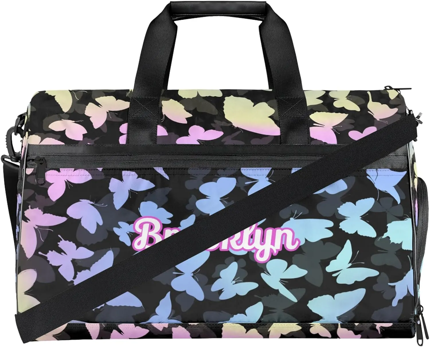 Personalized Butterfly Duffel Bag with Shoes Compartment Custom Name Travel Sports Bag for Women Men Waterproof Dance Ballet Bag Lightweight, Colorful Blue