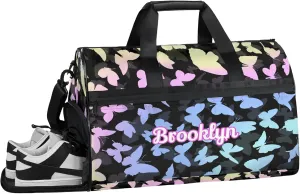 Personalized Butterfly Duffel Bag with Shoes Compartment Custom Name Travel Sports Bag for Women Men Waterproof Dance Ballet Bag Lightweight, Colorful Blue