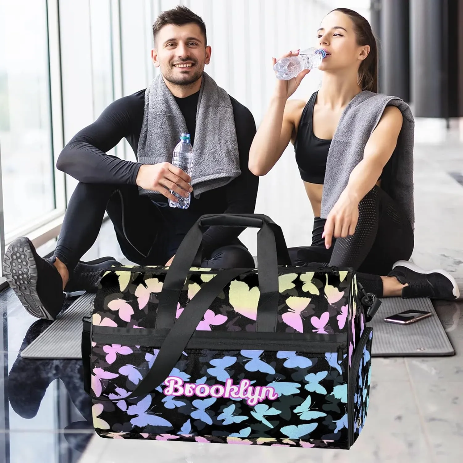 Personalized Butterfly Duffel Bag with Shoes Compartment Custom Name Travel Sports Bag for Women Men Waterproof Dance Ballet Bag Lightweight, Colorful Blue