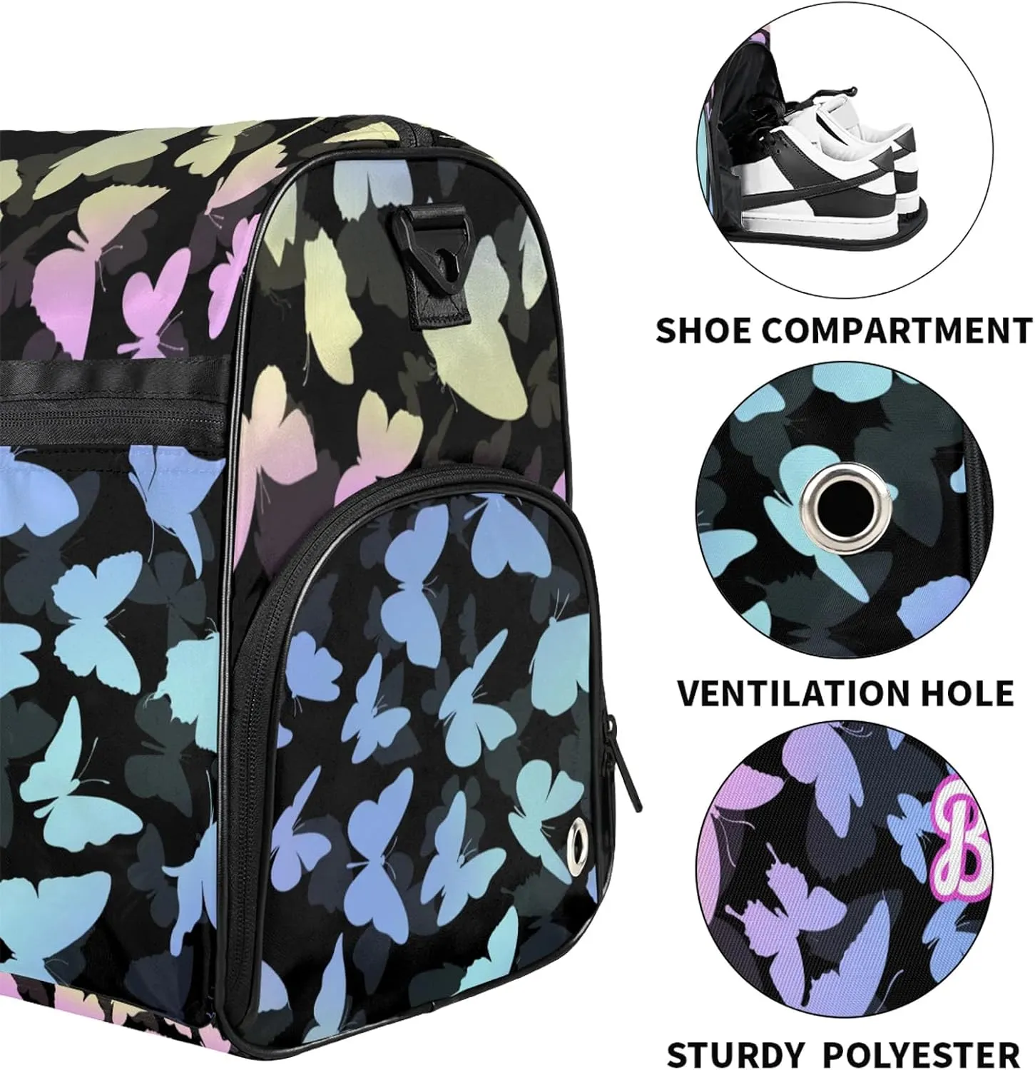 Personalized Butterfly Duffel Bag with Shoes Compartment Custom Name Travel Sports Bag for Women Men Waterproof Dance Ballet Bag Lightweight, Colorful Blue