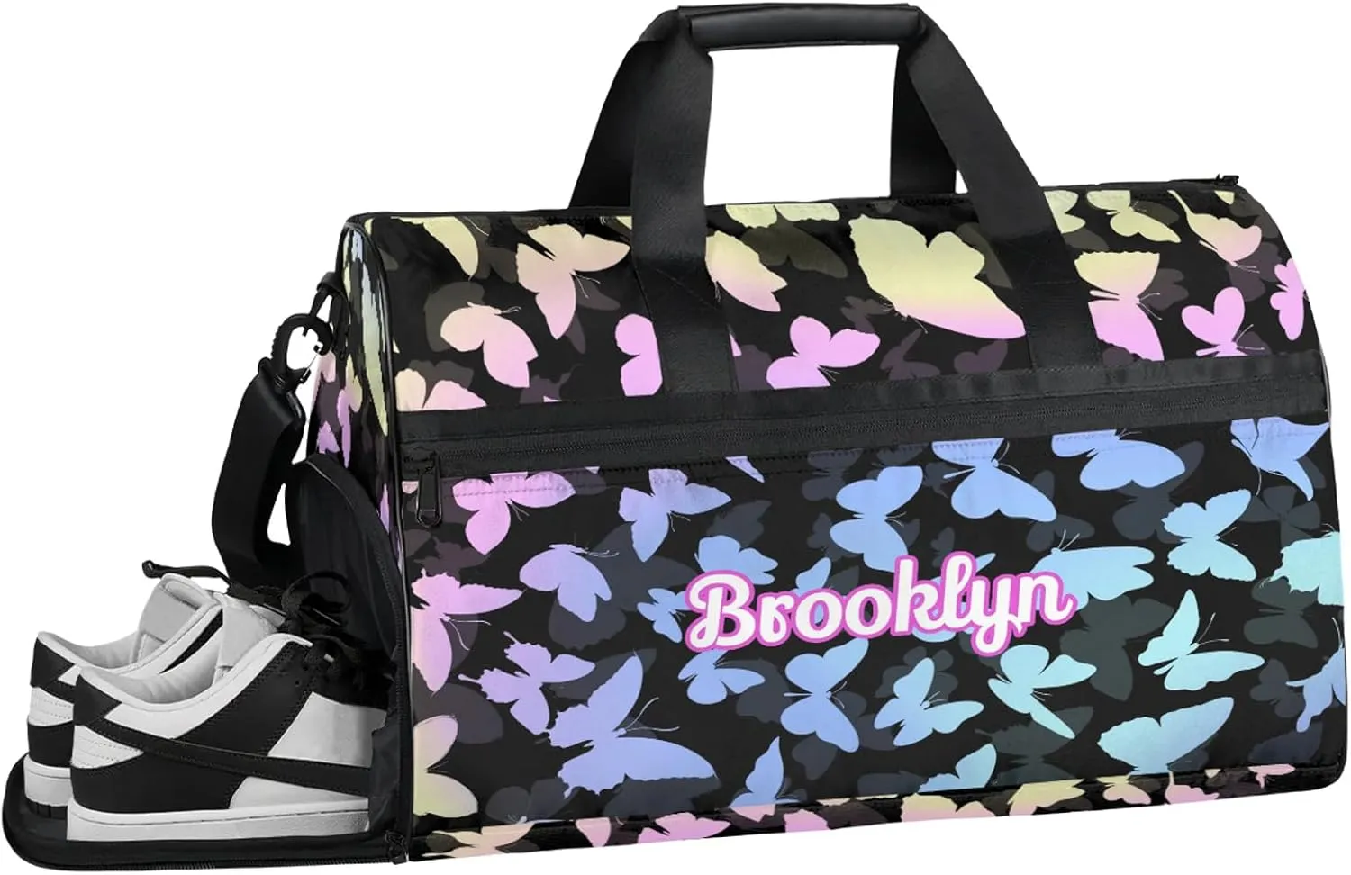 Personalized Butterfly Duffel Bag with Shoes Compartment Custom Name Travel Sports Bag for Women Men Waterproof Dance Ballet Bag Lightweight, Colorful Blue