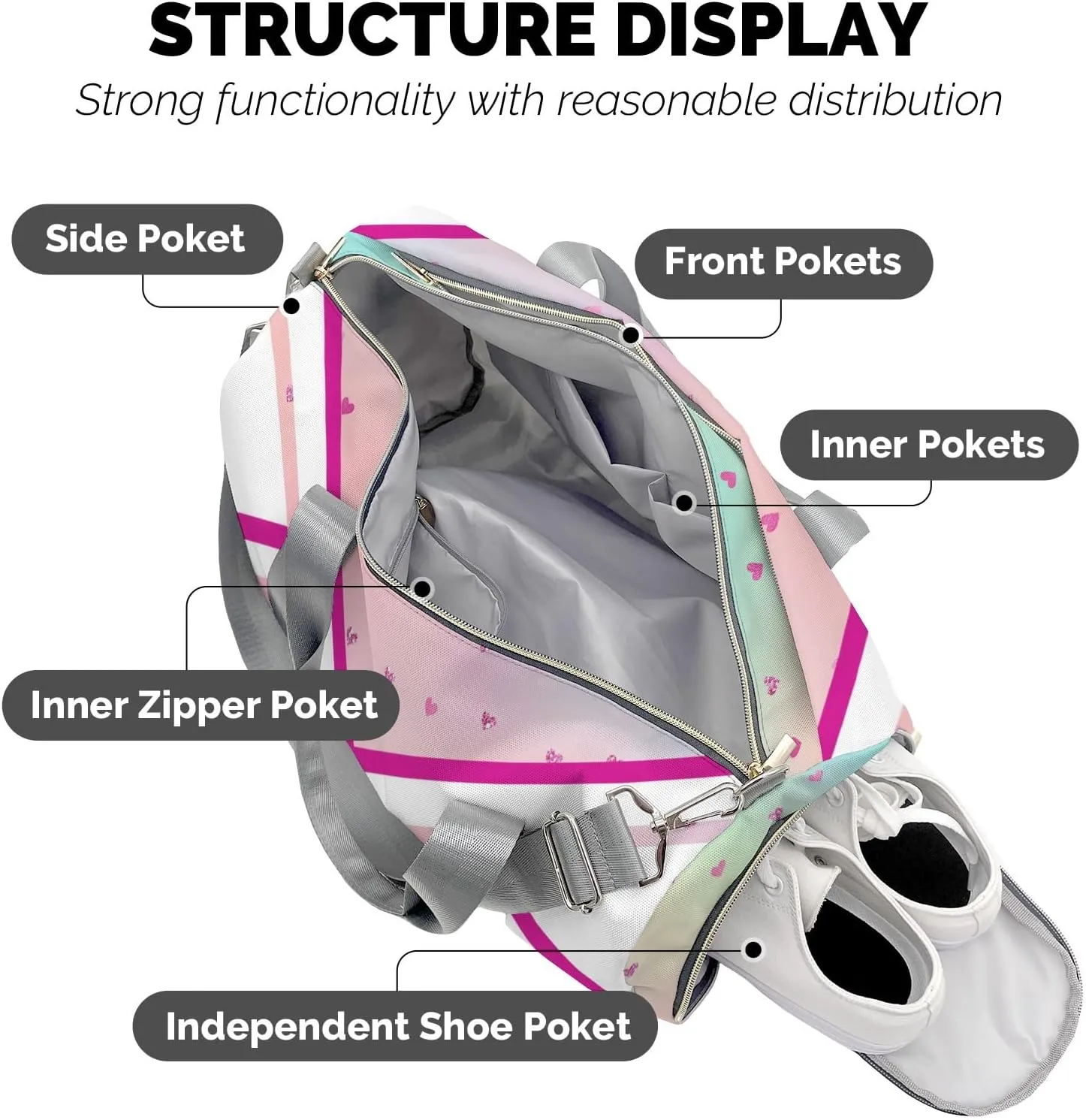 Personalized Cheer Pink Love Heart Cheerleader Multi-Function Travel Duffel Handbag Large Capacity Handbag Women Men Gym Yoga Ballet with Name