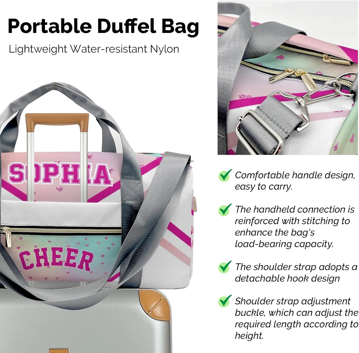 Personalized Cheer Pink Love Heart Cheerleader Multi-Function Travel Duffel Handbag Large Capacity Handbag Women Men Gym Yoga Ballet with Name