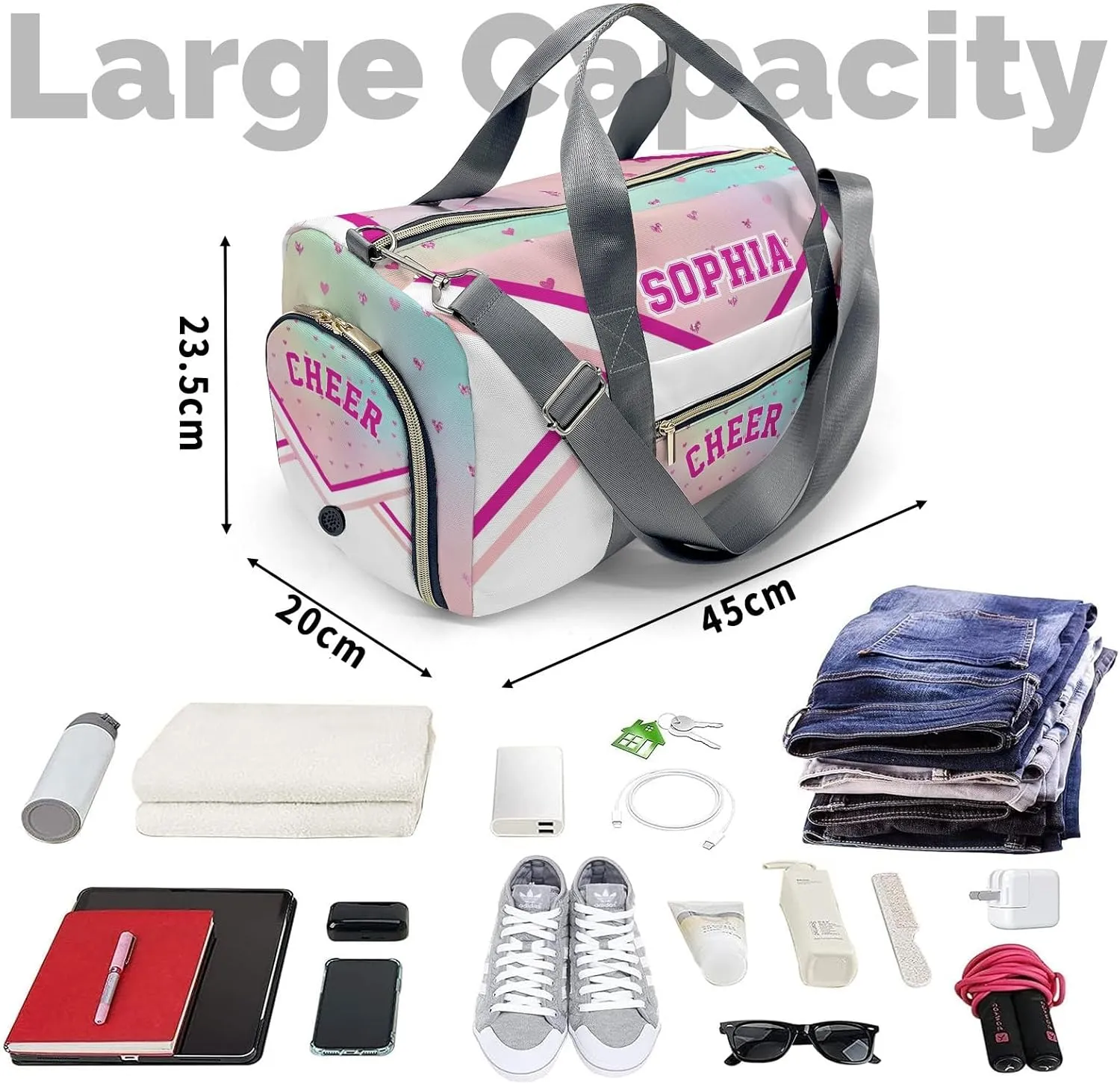 Personalized Cheer Pink Love Heart Cheerleader Multi-Function Travel Duffel Handbag Large Capacity Handbag Women Men Gym Yoga Ballet with Name