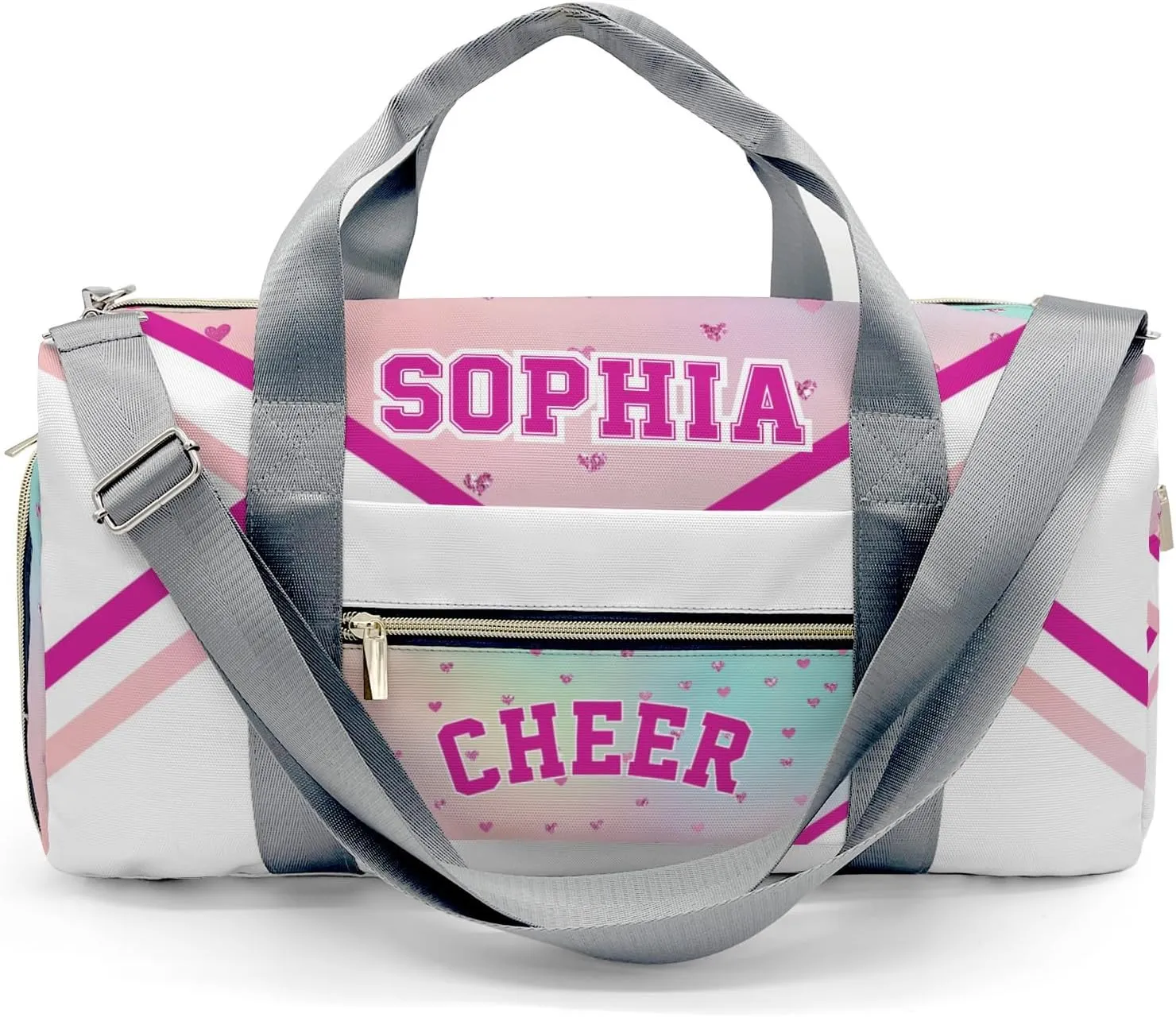 Personalized Cheer Pink Love Heart Cheerleader Multi-Function Travel Duffel Handbag Large Capacity Handbag Women Men Gym Yoga Ballet with Name