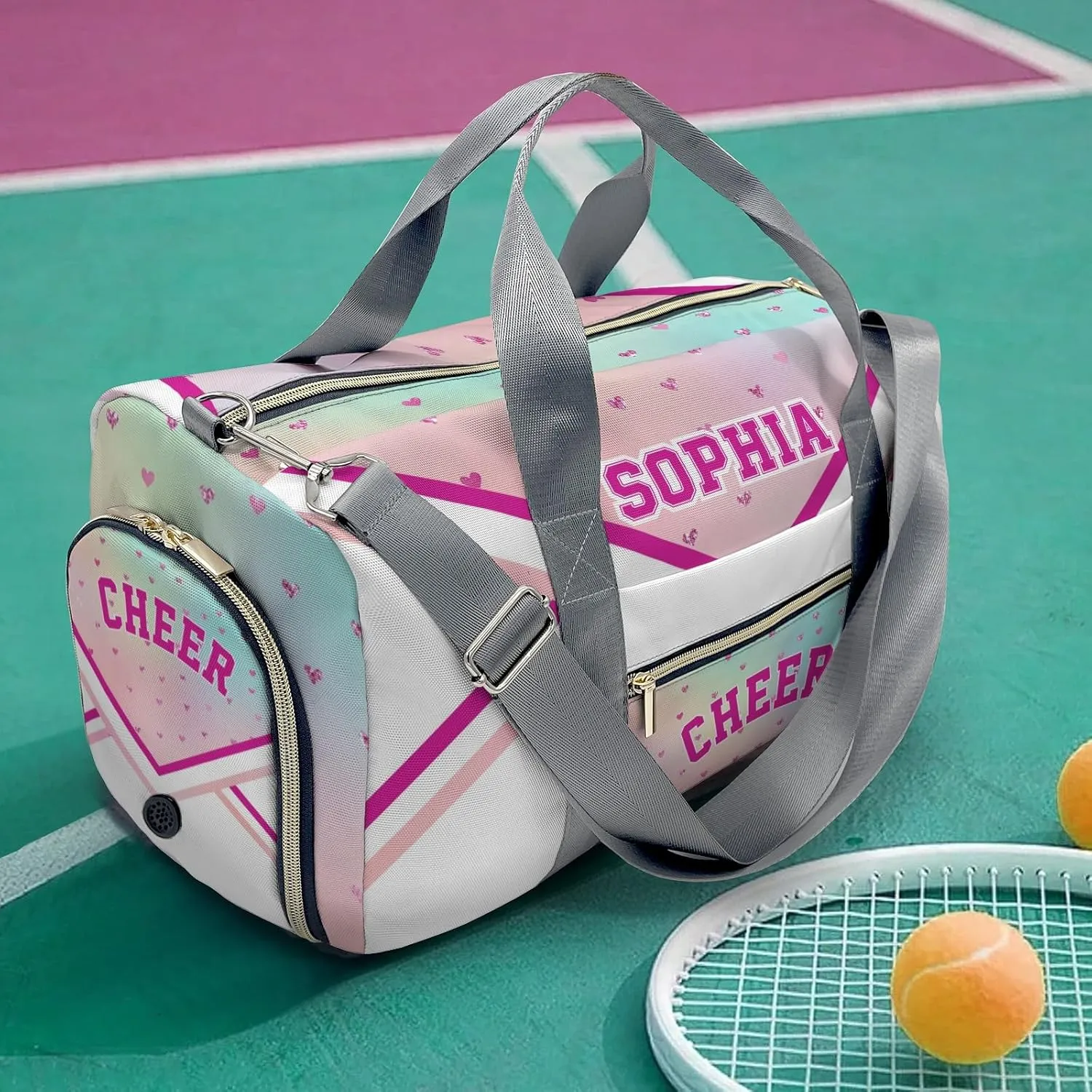 Personalized Cheer Pink Love Heart Cheerleader Multi-Function Travel Duffel Handbag Large Capacity Handbag Women Men Gym Yoga Ballet with Name