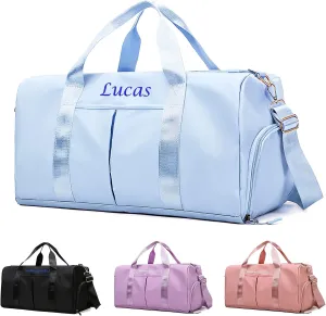 Personalized Duffel Travel Bag Embroidered Name Custom Sports Gym Bags Customized Dance Bag with Wet Dry Pockets & Shoe Weekender Overnight Bridesmaid Gift-Blue