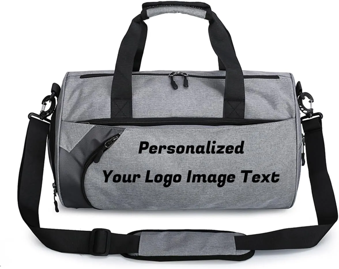 Personalized Duffle Bag for Women Men with Shoes Compartment Dry and Wet Space Individual Custom Gym Bags with Picture Text (Grey, Large)
