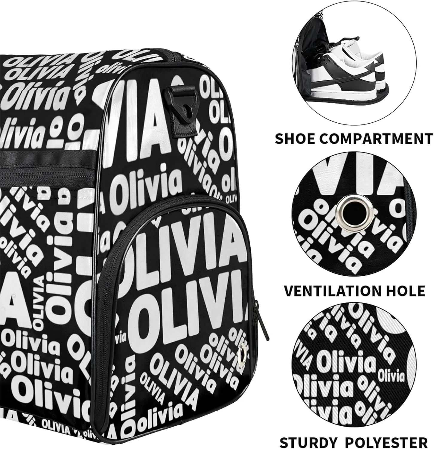 Personalized Gym Sport Duffel Bag Custom Name Travel Overnight Bag with Shoe Compartment Waterproof Customized Dance Bag Carry-On Tote, Pure Black