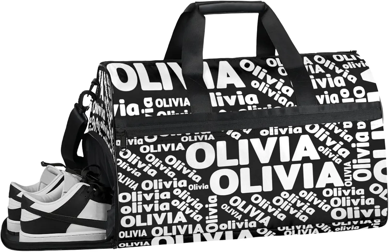 Personalized Gym Sport Duffel Bag Custom Name Travel Overnight Bag with Shoe Compartment Waterproof Customized Dance Bag Carry-On Tote, Pure Black