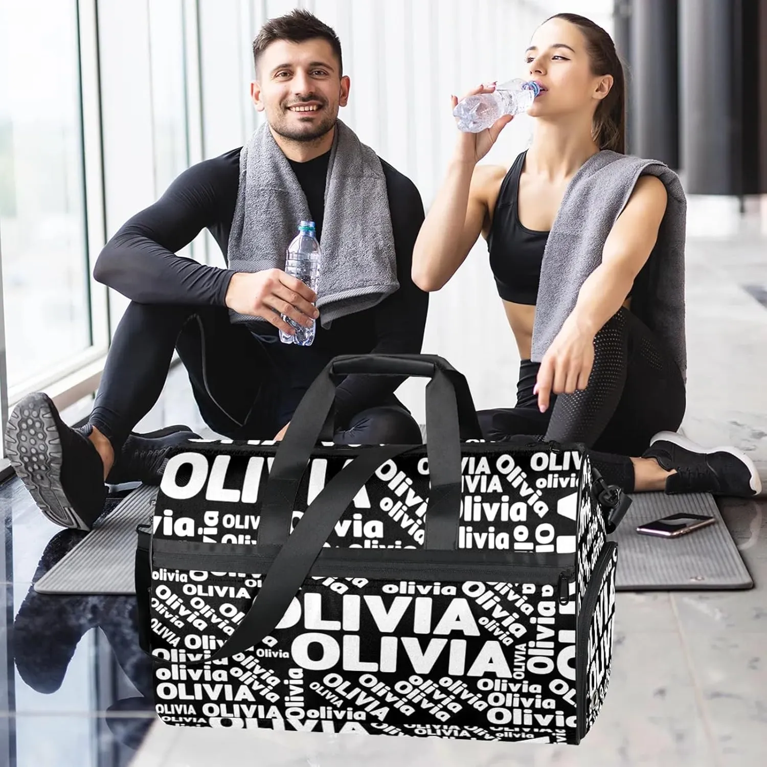 Personalized Gym Sport Duffel Bag Custom Name Travel Overnight Bag with Shoe Compartment Waterproof Customized Dance Bag Carry-On Tote, Pure Black