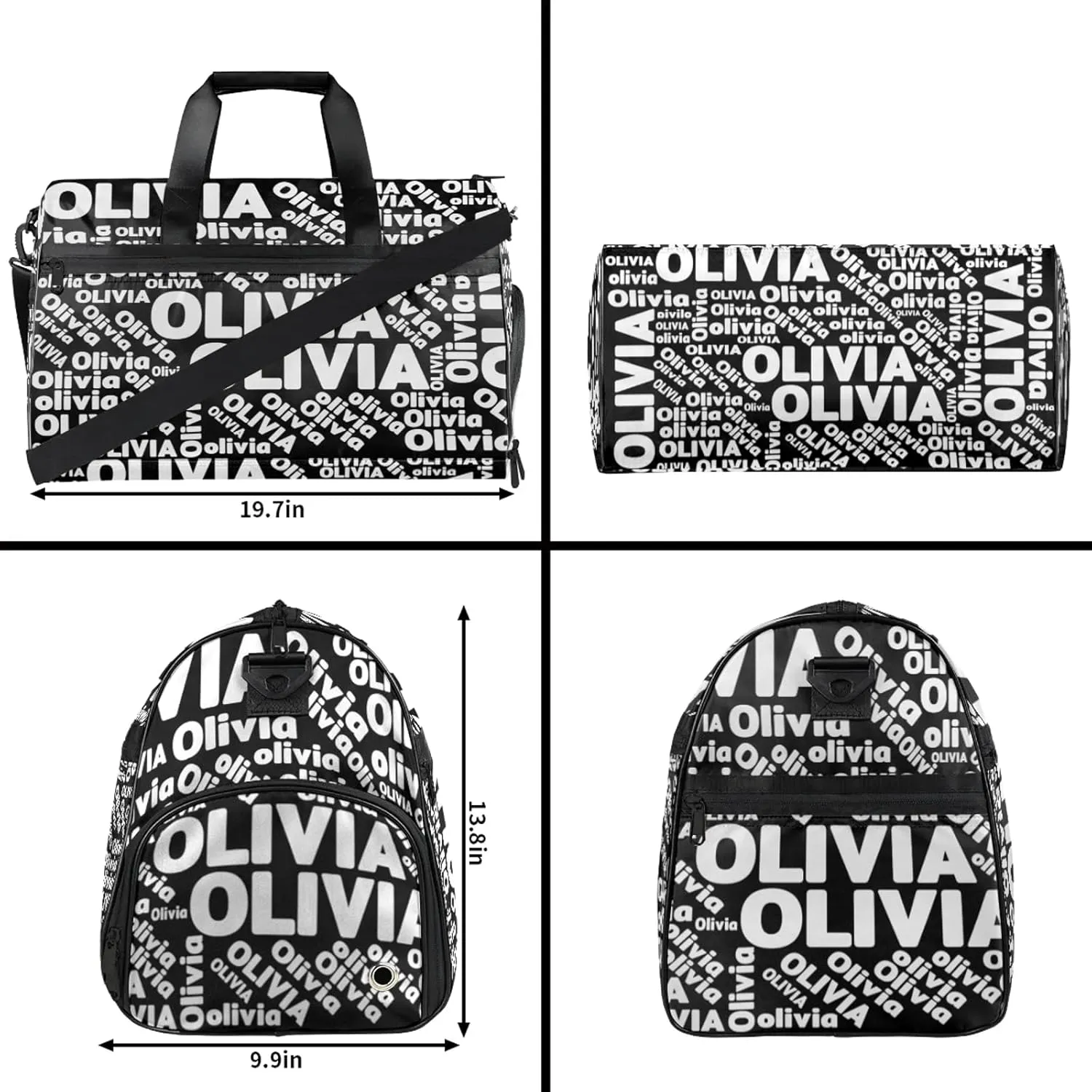 Personalized Gym Sport Duffel Bag Custom Name Travel Overnight Bag with Shoe Compartment Waterproof Customized Dance Bag Carry-On Tote, Pure Black