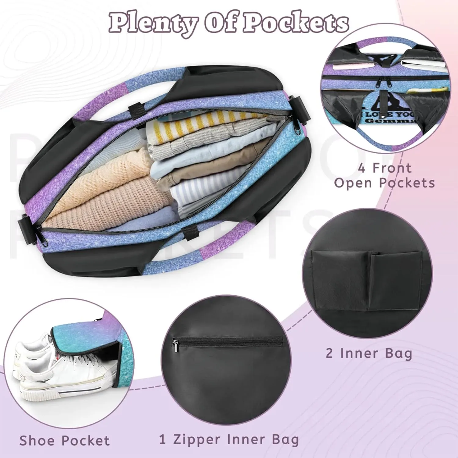 Personalized Name Yoga Mat Bag with Shoe Compartment, Customize Travel Weekender Tote Sport Gym Duffel Bag for Women