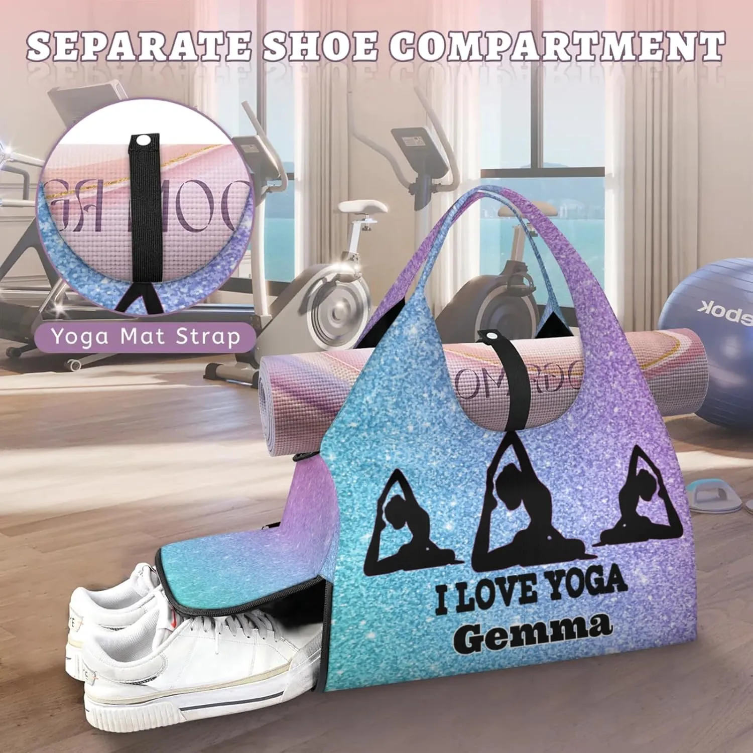 Personalized Name Yoga Mat Bag with Shoe Compartment, Customize Travel Weekender Tote Sport Gym Duffel Bag for Women
