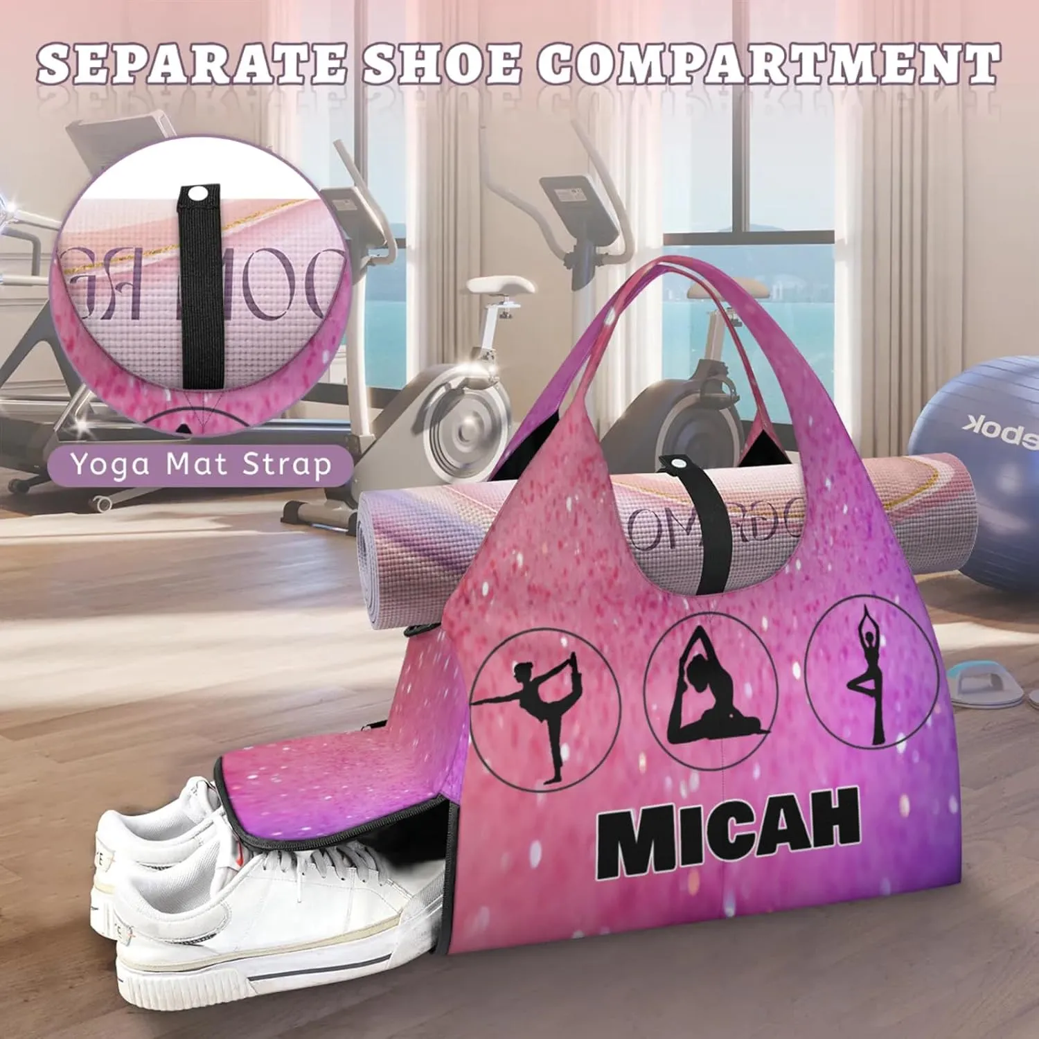 Personalized Name Yoga Mat Bag with Shoe Compartment, Customize Travel Weekender Tote Sport Gym Duffel Bag for Women