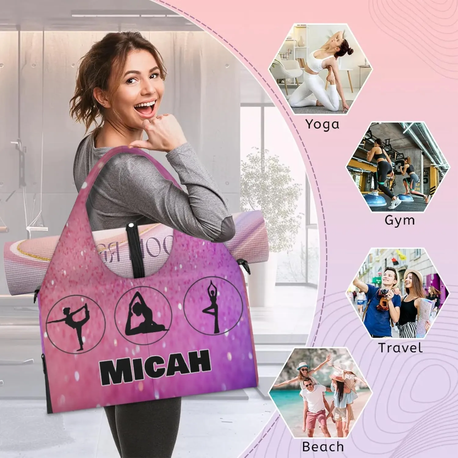 Personalized Name Yoga Mat Bag with Shoe Compartment, Customize Travel Weekender Tote Sport Gym Duffel Bag for Women