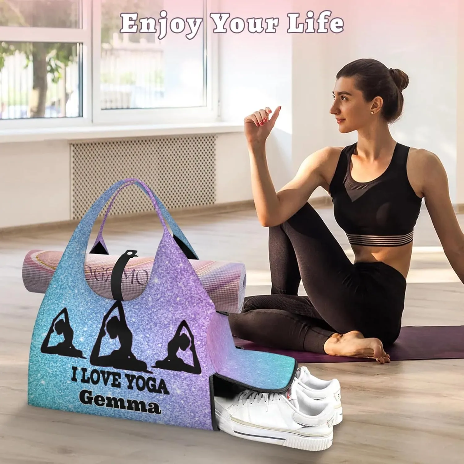 Personalized Name Yoga Mat Bag with Shoe Compartment, Customize Travel Weekender Tote Sport Gym Duffel Bag for Women