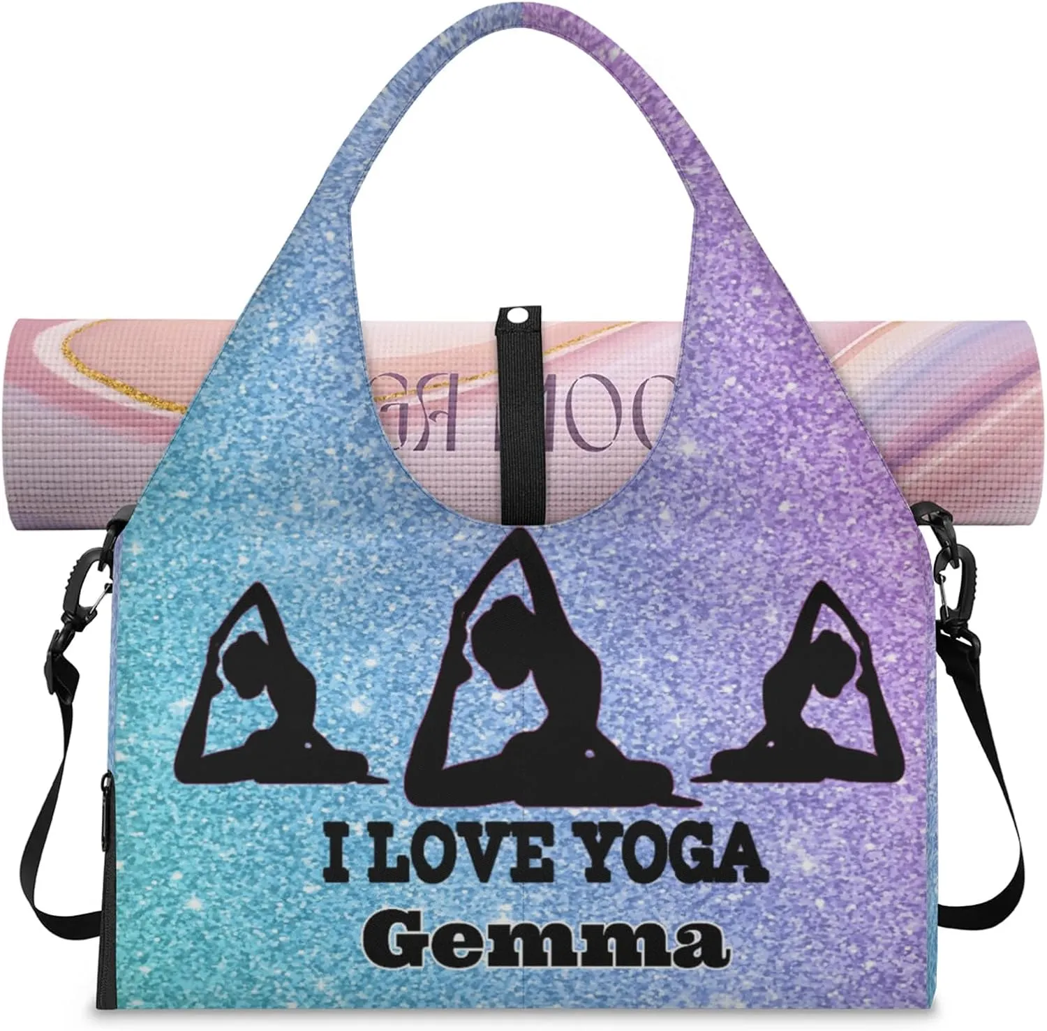 Personalized Name Yoga Mat Bag with Shoe Compartment, Customize Travel Weekender Tote Sport Gym Duffel Bag for Women