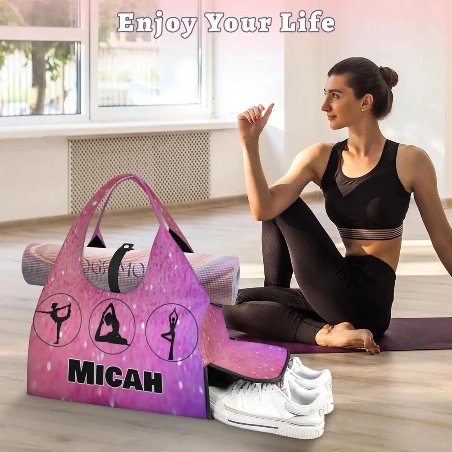 Personalized Name Yoga Mat Bag with Shoe Compartment, Customize Travel Weekender Tote Sport Gym Duffel Bag for Women