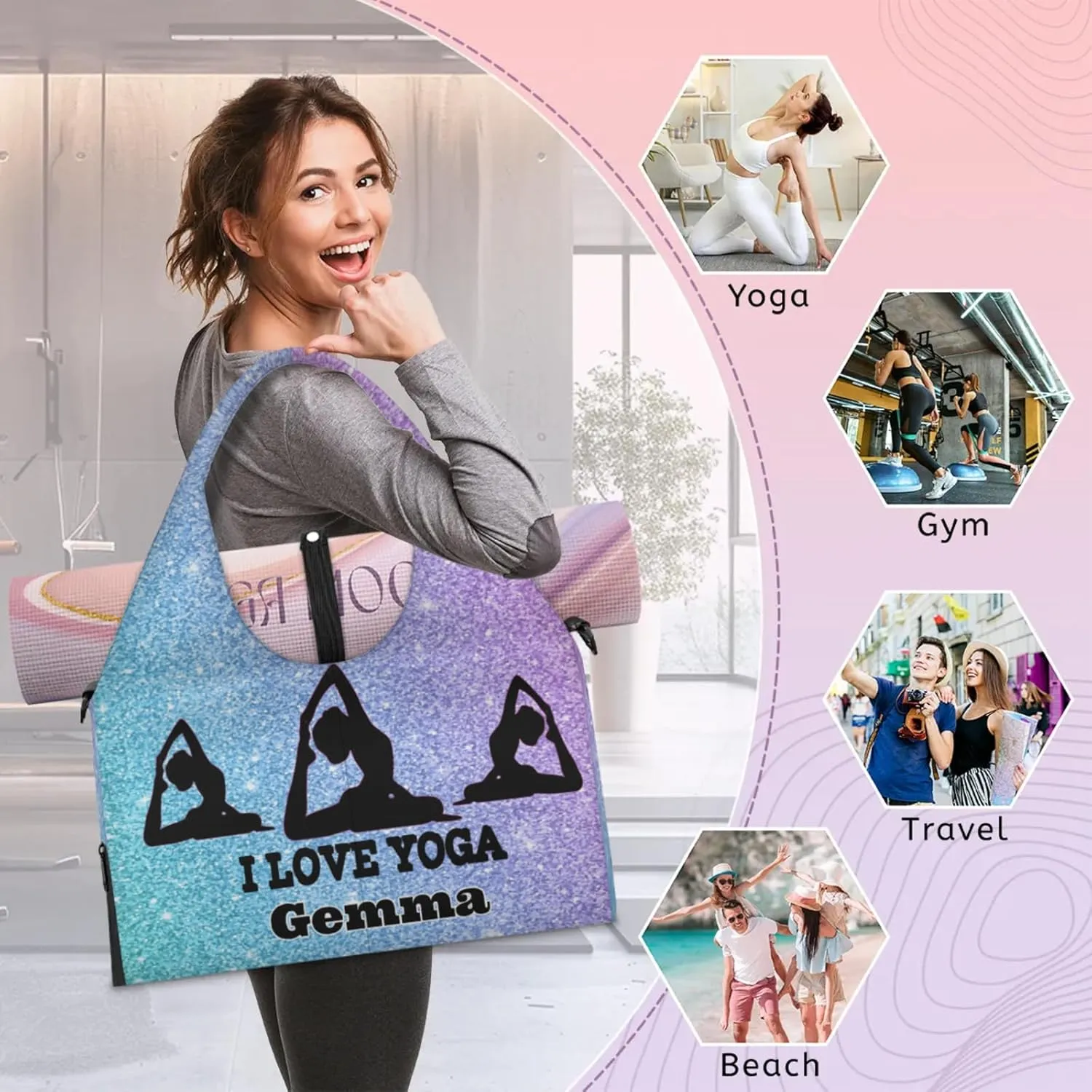 Personalized Name Yoga Mat Bag with Shoe Compartment, Customize Travel Weekender Tote Sport Gym Duffel Bag for Women