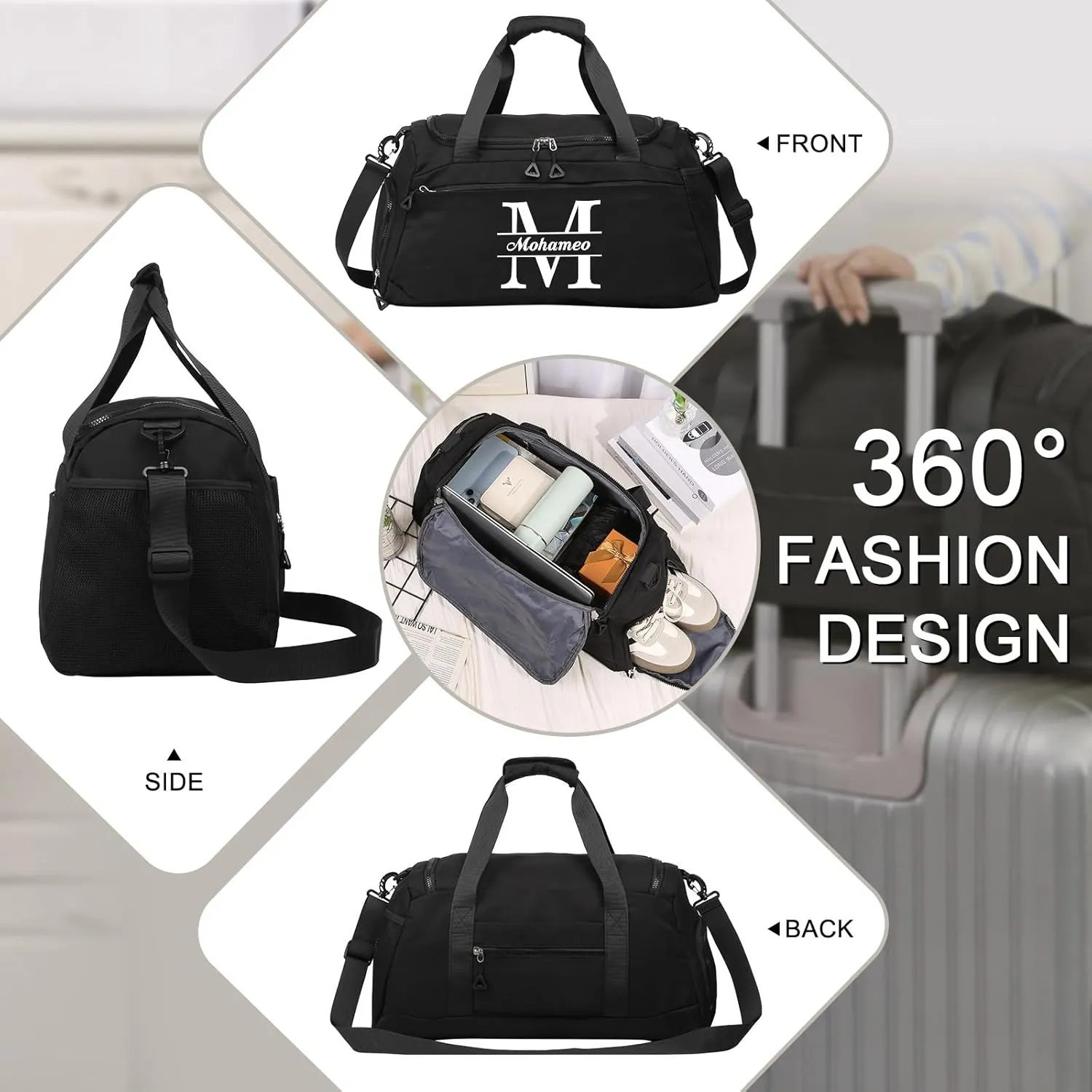 Personalized Travel Duffel Bag with Name - Custom Letter Oxford Cloth Gym Bag with Shoes & Wet Pockets Sport Bag Weekender Overnight Bag for Traveling for Women Men Gift for Christmas Groomsman Brides