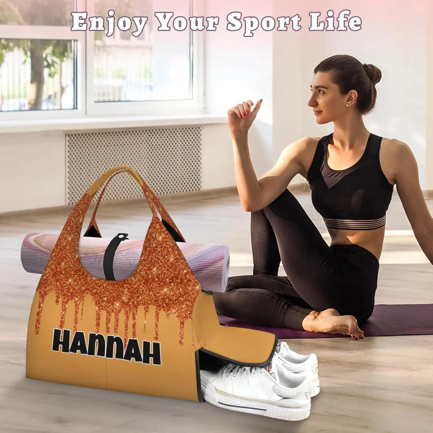 Personalized Yoga Mat Bag with Name Shoe Compartment, Water Fluid Glittering Travel Tote Sport Gym Duffel Bag