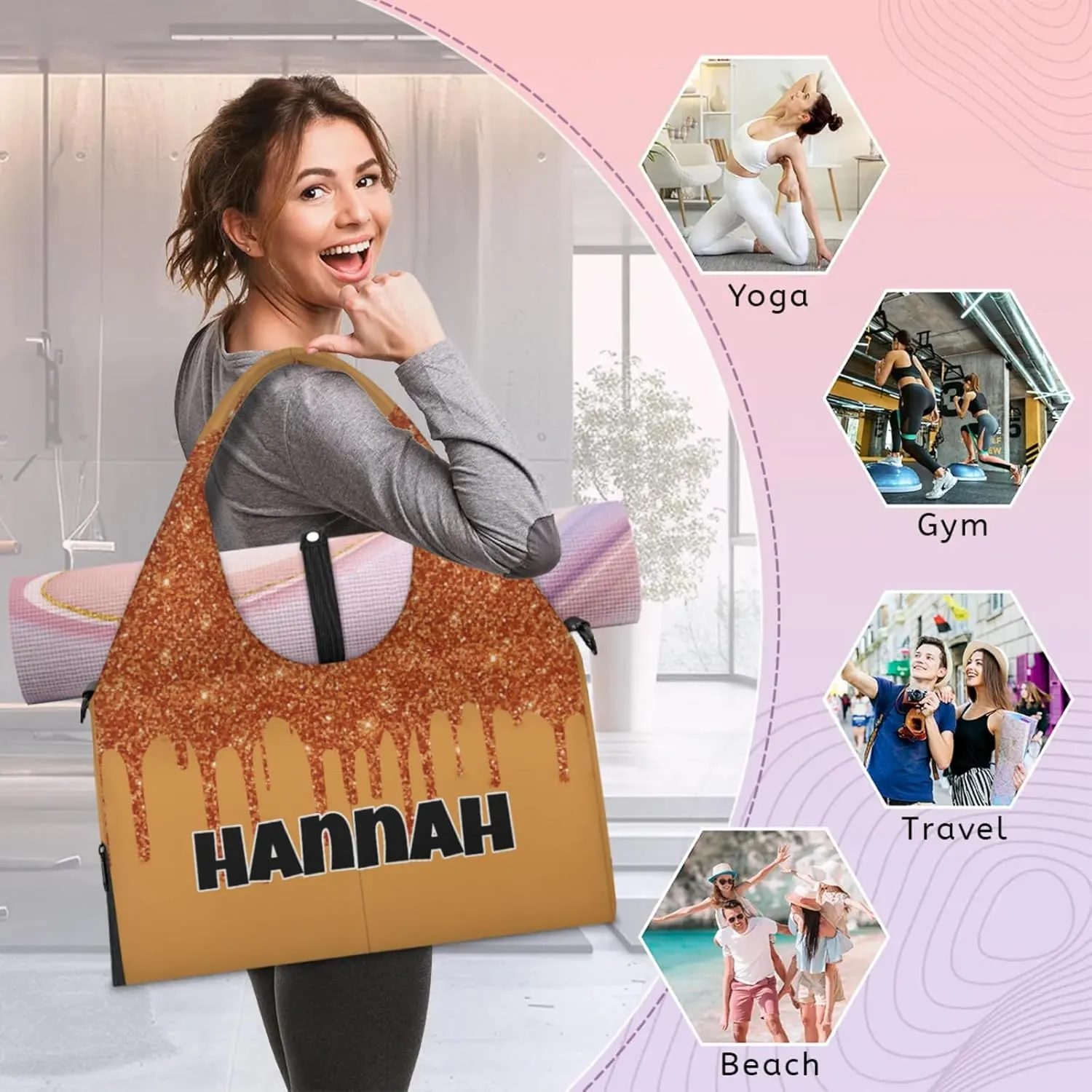 Personalized Yoga Mat Bag with Name Shoe Compartment, Water Fluid Glittering Travel Tote Sport Gym Duffel Bag