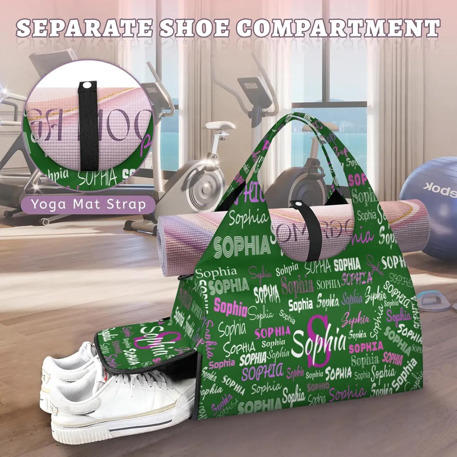 Personalized Yoga Mat Bag with Shoe Compartment, Initial Letter Name Travel Weekender Tote Sport Gym Duffel Bag