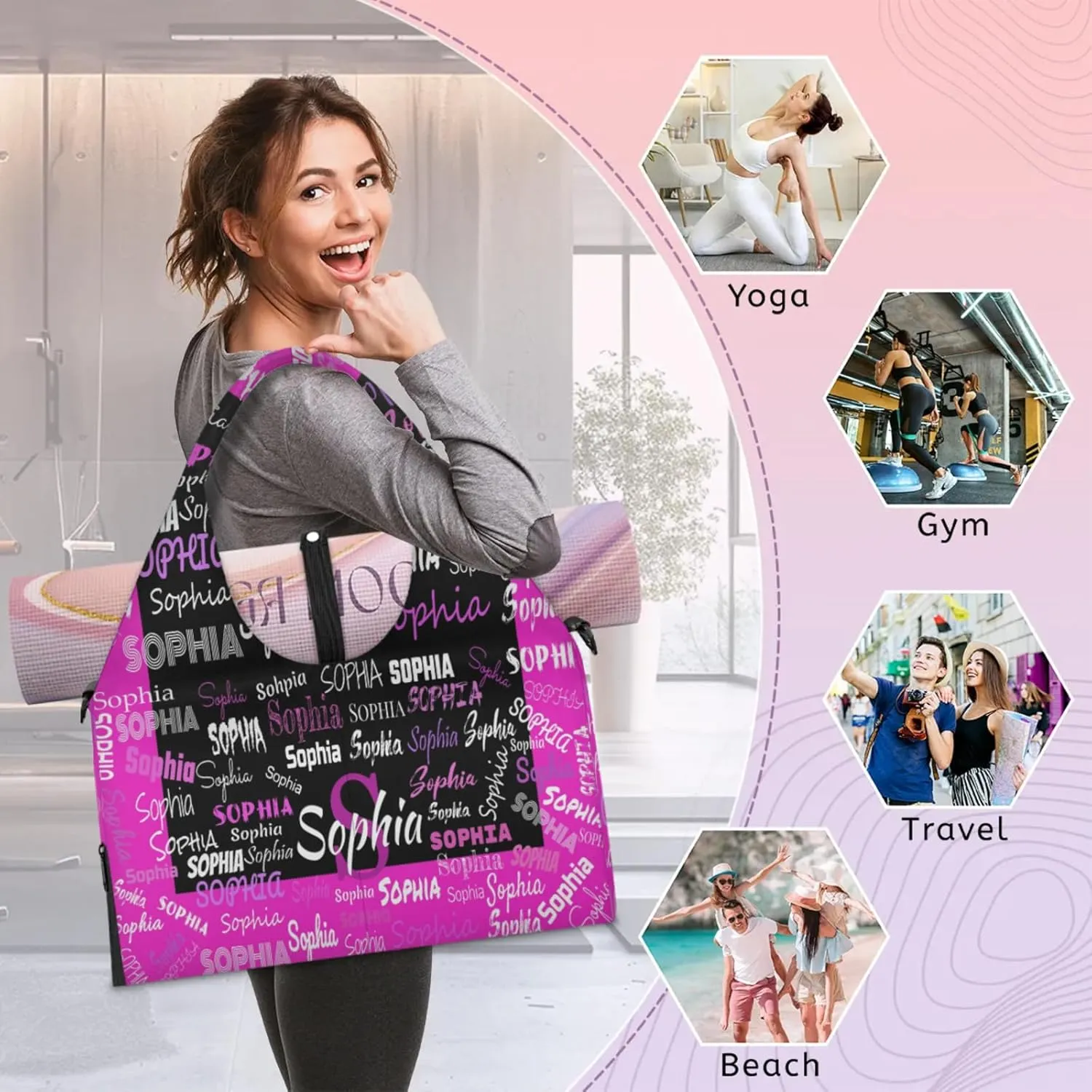 Personalized Yoga Mat Bag with Shoe Compartment, Initial Letter Name Travel Weekender Tote Sport Gym Duffel Bag