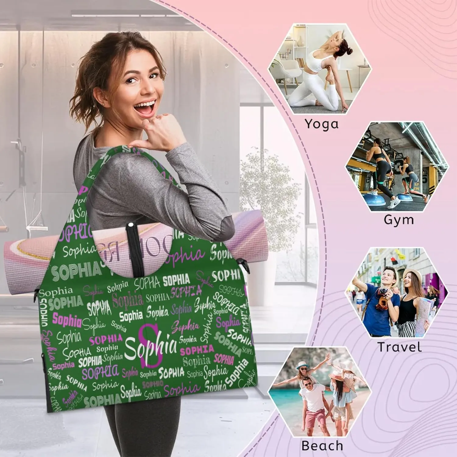 Personalized Yoga Mat Bag with Shoe Compartment, Initial Letter Name Travel Weekender Tote Sport Gym Duffel Bag