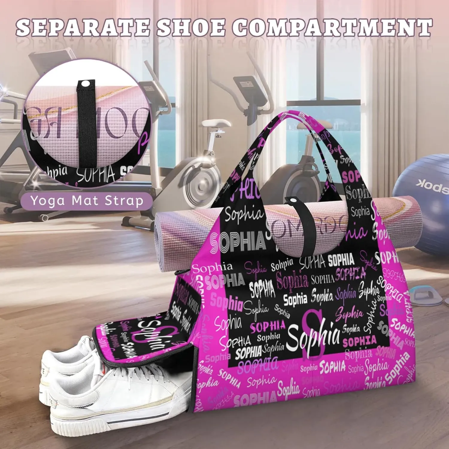 Personalized Yoga Mat Bag with Shoe Compartment, Initial Letter Name Travel Weekender Tote Sport Gym Duffel Bag