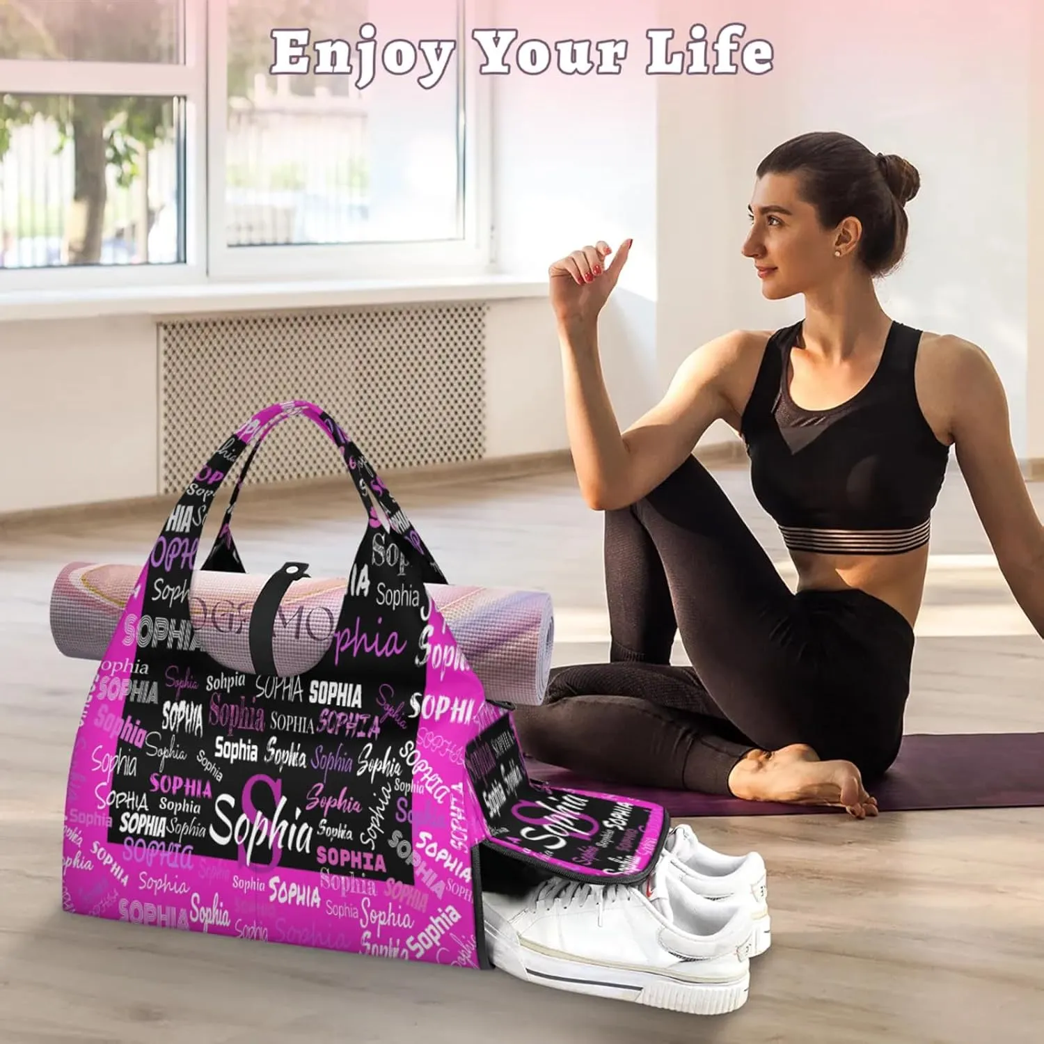 Personalized Yoga Mat Bag with Shoe Compartment, Initial Letter Name Travel Weekender Tote Sport Gym Duffel Bag