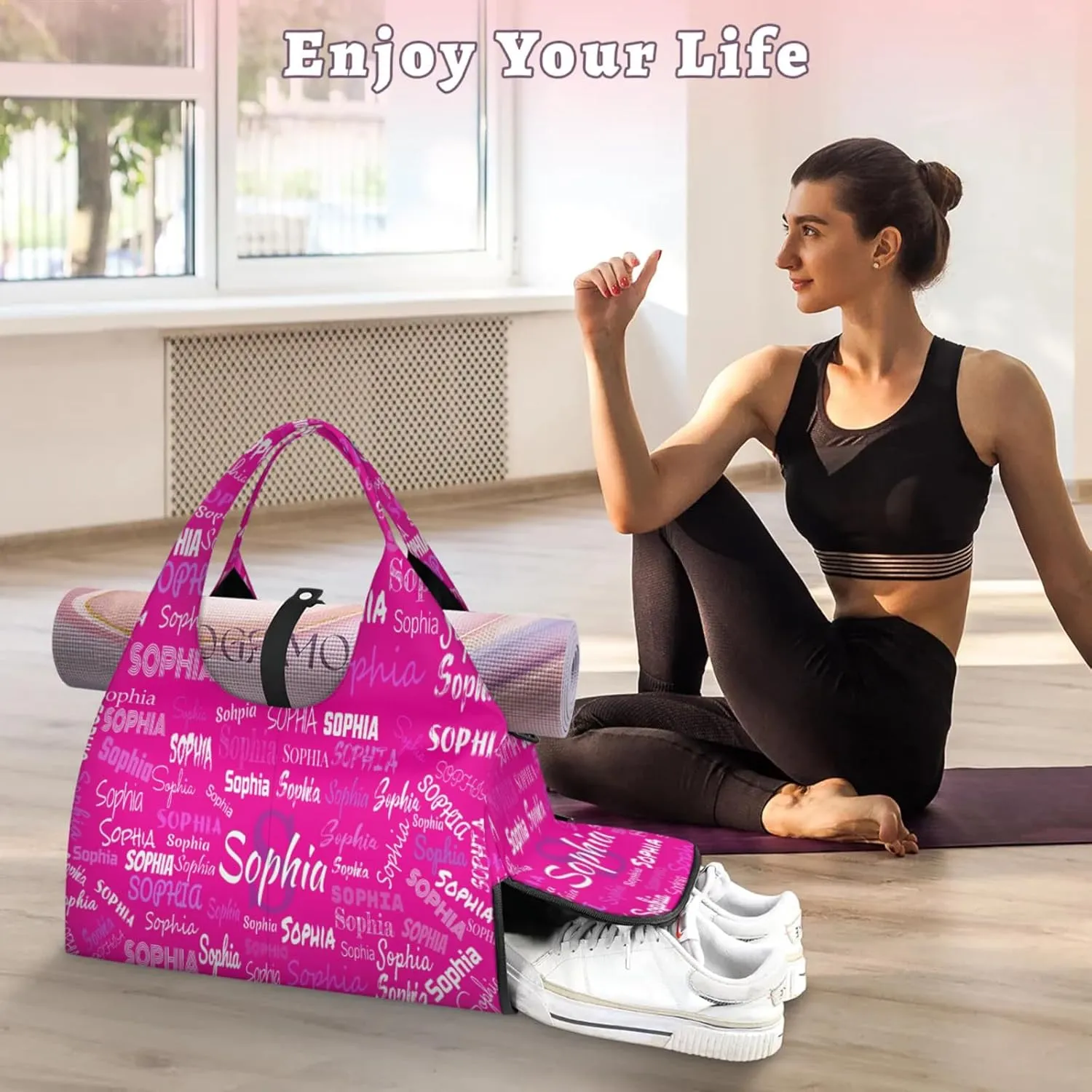 Personalized Yoga Mat Bag with Shoe Compartment, Initial Letter Name Travel Weekender Tote Sport Gym Duffel Bag