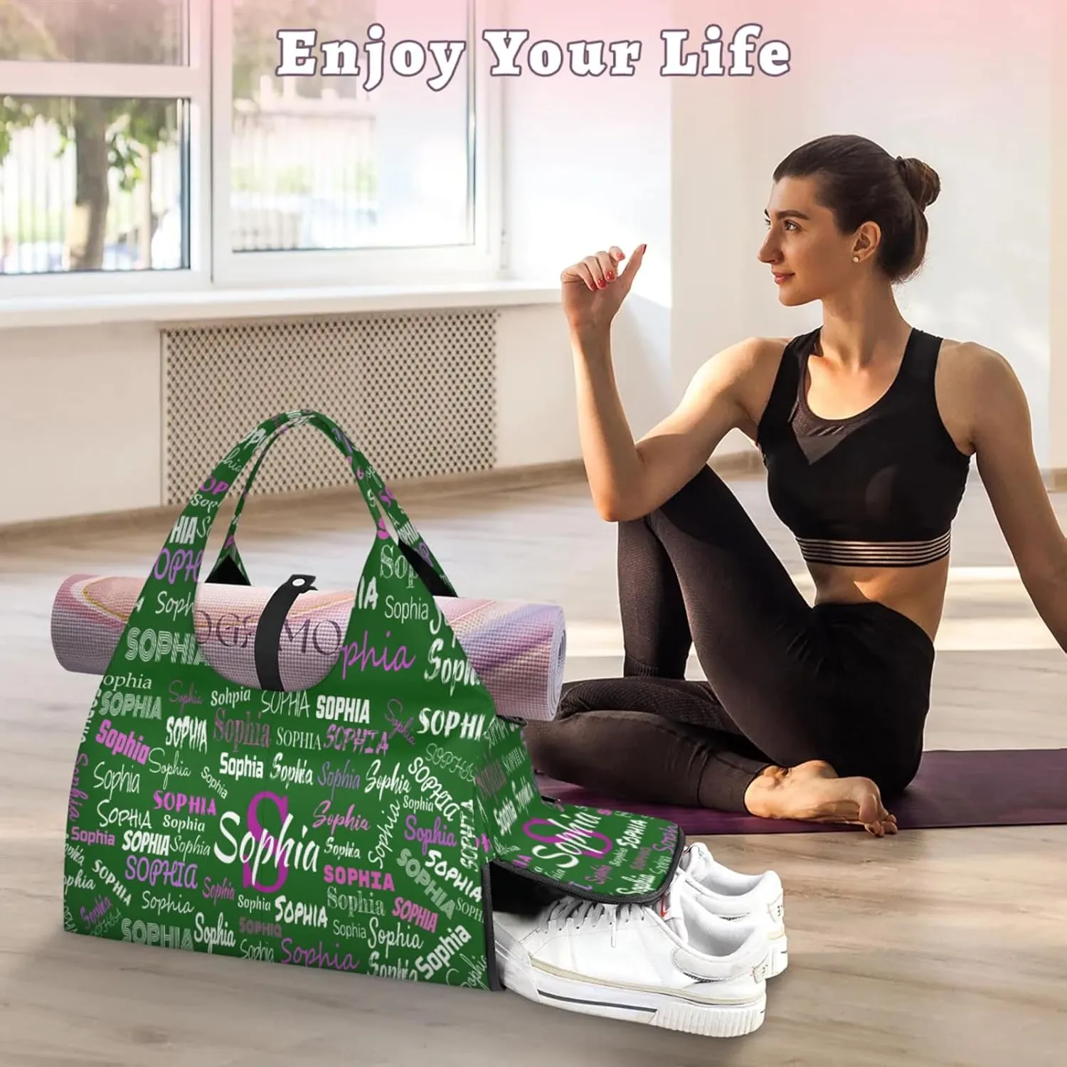 Personalized Yoga Mat Bag with Shoe Compartment, Initial Letter Name Travel Weekender Tote Sport Gym Duffel Bag