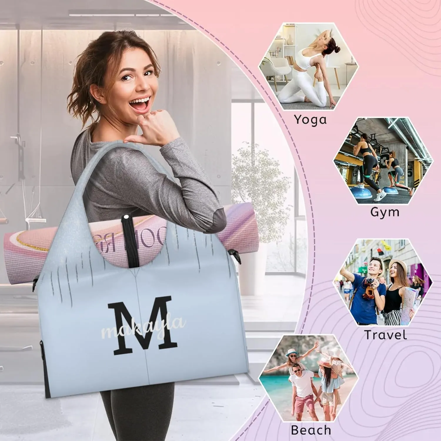 Personalized Yoga Mat Tote Bag for Workout, Pilates,Travel, Beach and Gym Custom Sports Gym Duffle Bag with Name