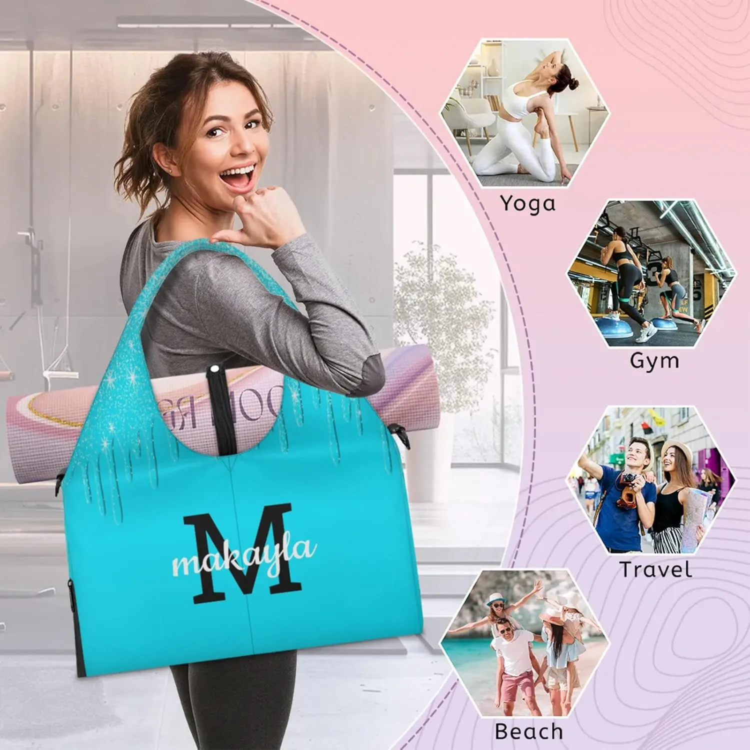 Personalized Yoga Mat Tote Bag for Workout, Pilates,Travel, Beach and Gym Custom Sports Gym Duffle Bag with Name