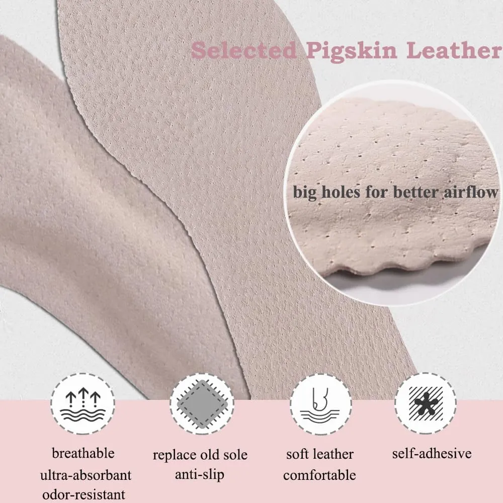 Pigskin Leather Shoe Insoles for Women, Self-Adhesive Barefoot Shoe Inserts for High Heels, Dress Shoes Sandals Flats and Boots, Sockless Shoe Liners Anti-Slip and Ultra-Absorbent, 1 Pair