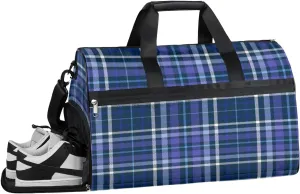 Plaid Blue Indigo Gym Bag for Women Men Sports Travel Duffel Bag Checked Durable Weekend Overnight Bag with Shoe Compartment Waterproof Workout Duffle Bag for Travel Gym