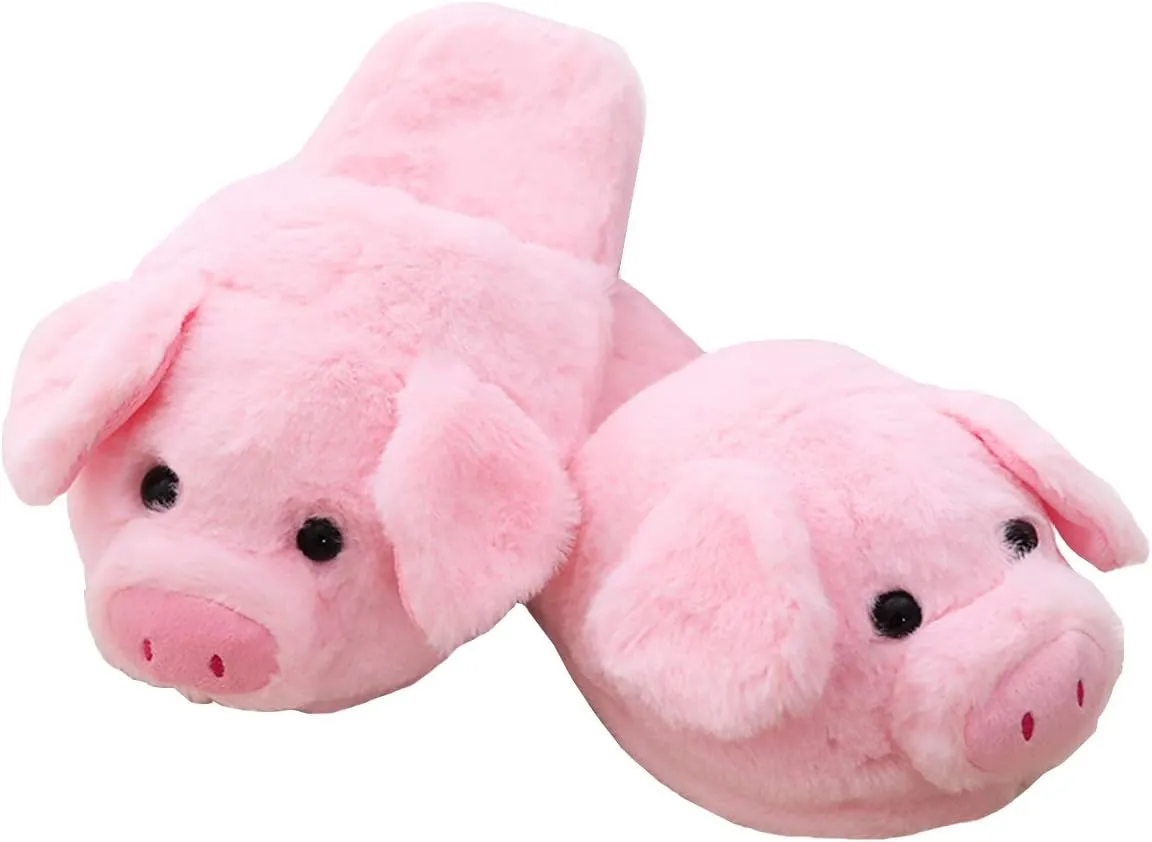 Plush Pink Pig Slippers Winter Warm Stuffed Animal Slippers for Women
