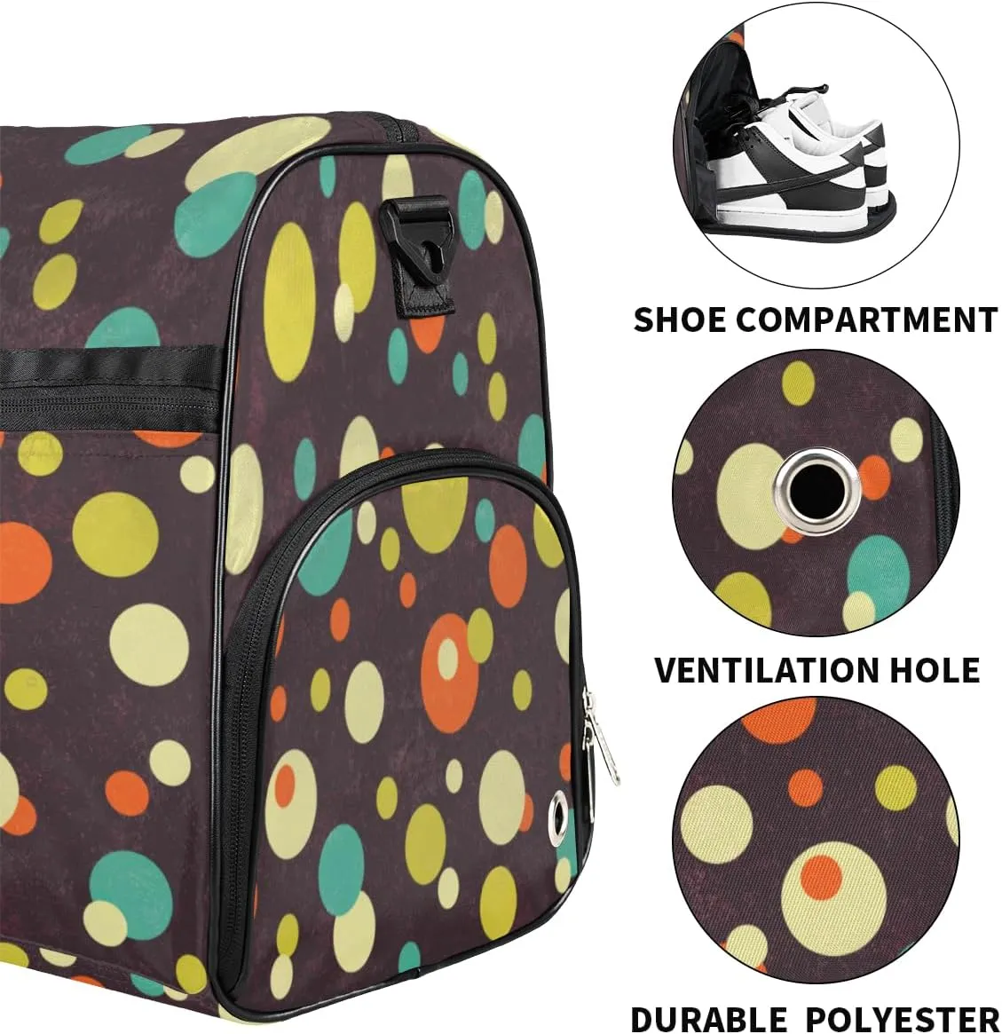 Polka Dots Pattern Sports Gym Bag for Women Men Travel Duffel Bag with Wet Pocket & Shoes Compartment Waterproof Weekender Overnight Tote Carry on Bag Lightweight