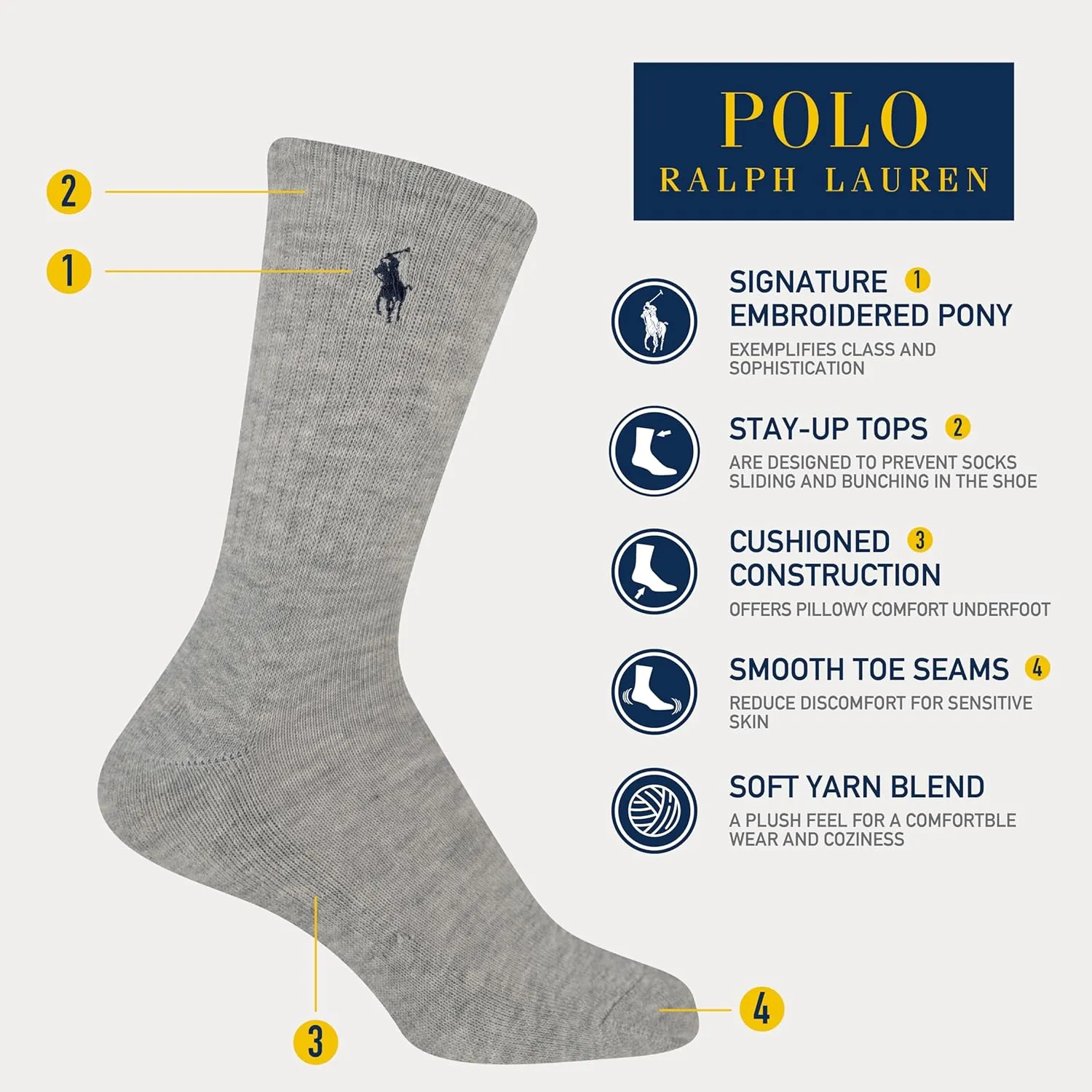 Polo Ralph Lauren Boys' Classic Sport Crew Socks-6 Pair Pack-Soft Stretchy Yarn & Stay Up Top