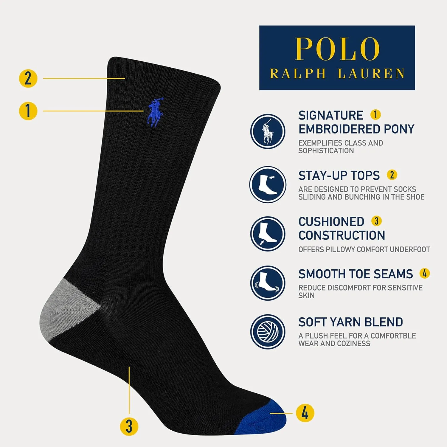Polo Ralph Lauren Boys' Classic Sport Crew Socks-6 Pair Pack-Soft Stretchy Yarn & Stay Up Top
