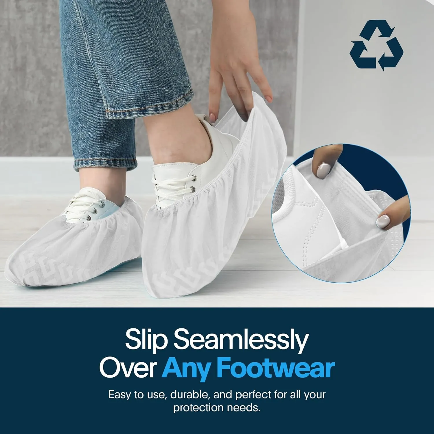 Premium Disposable Boot & Shoe Covers Booties | 100 Pack | Durable, Non-Slip, Non-Toxic, Water Resistant, Recyclable Protectors for Indoor & Outdoor | Large Size Fits Most Shoes (White)