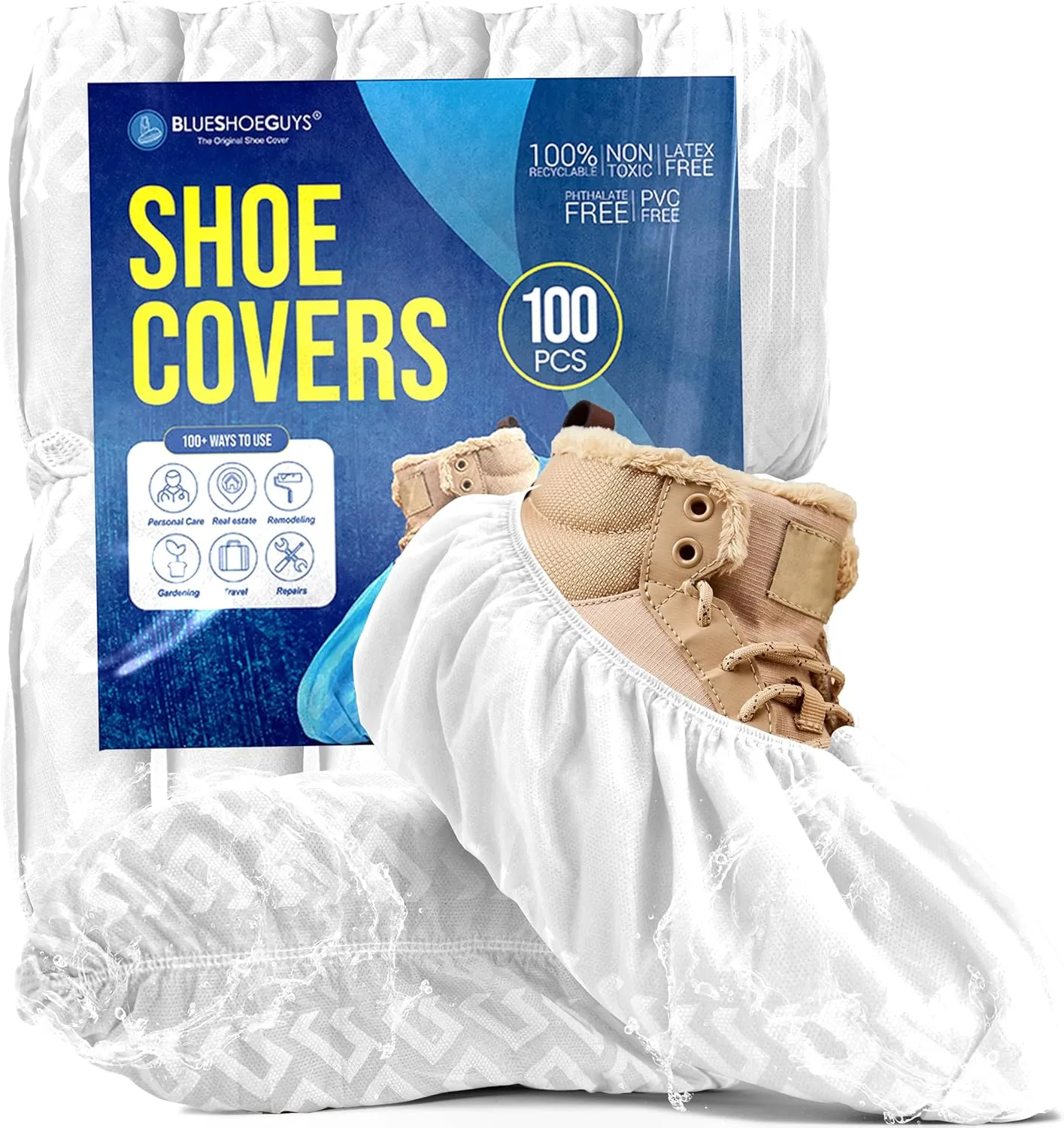 Premium Disposable Boot & Shoe Covers Booties | 100 Pack | Durable, Non-Slip, Non-Toxic, Water Resistant, Recyclable Protectors for Indoor & Outdoor | Large Size Fits Most Shoes (White)