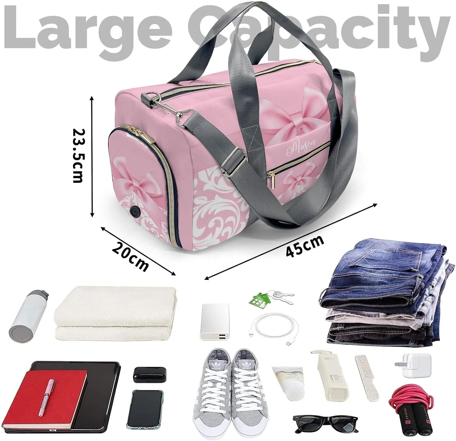 Princess Bow Pink Personalized Duffel Bag,Custom Travel Gym Bag with Name,Waterproof Sports Overnight Bag with Shoe Compartment & Shoulder Strap