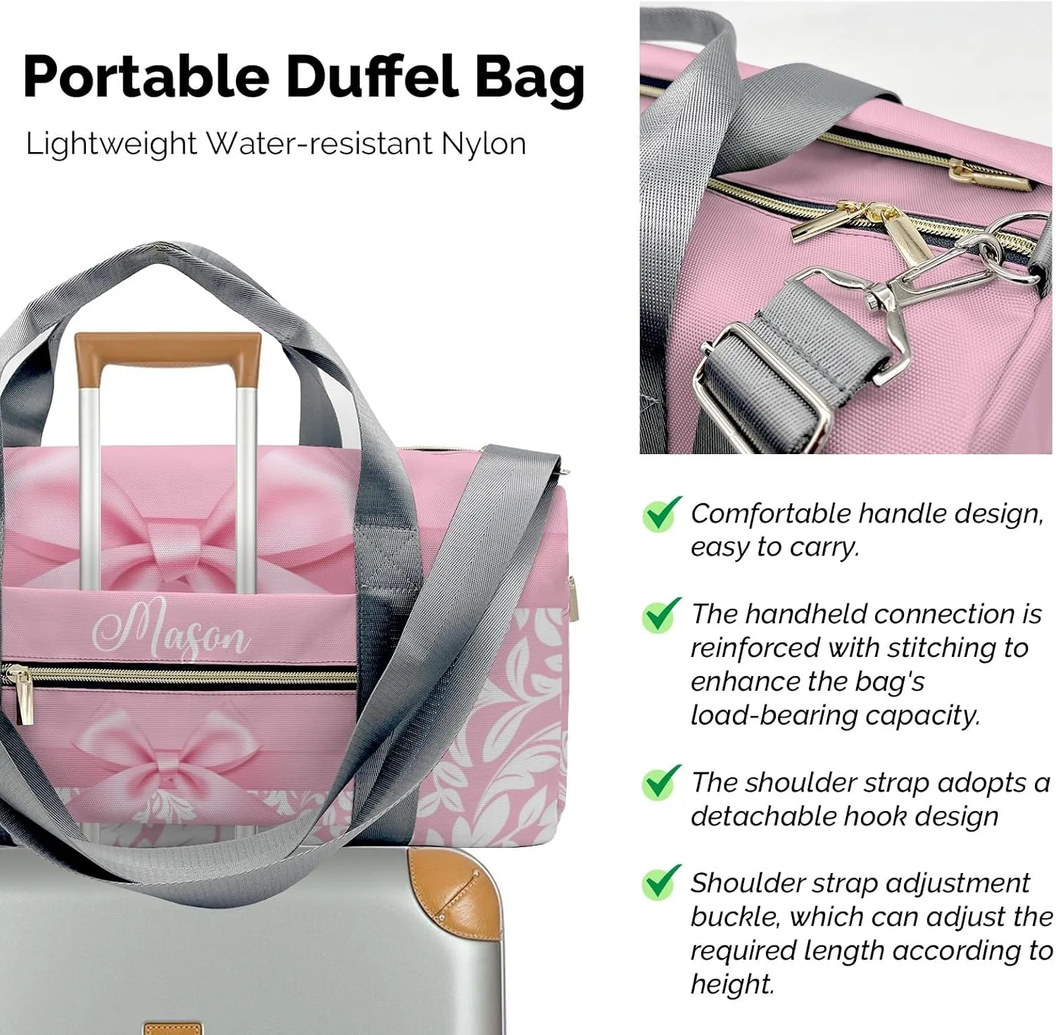Princess Bow Pink Personalized Duffel Bag,Custom Travel Gym Bag with Name,Waterproof Sports Overnight Bag with Shoe Compartment & Shoulder Strap
