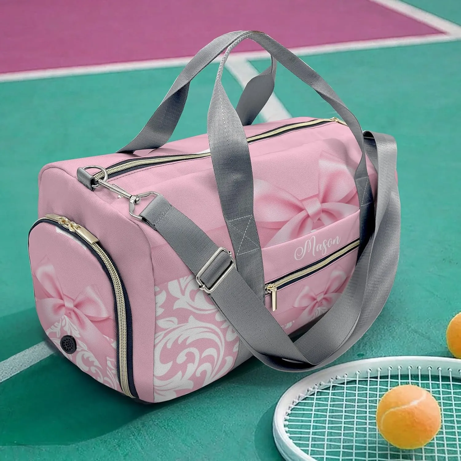 Princess Bow Pink Personalized Duffel Bag,Custom Travel Gym Bag with Name,Waterproof Sports Overnight Bag with Shoe Compartment & Shoulder Strap